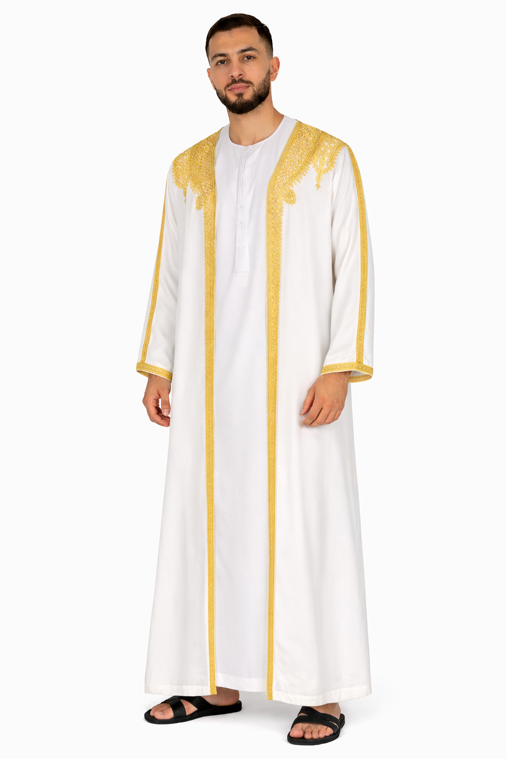 White Alyssum Moroccan Thobe Kaftan with Gold Trim