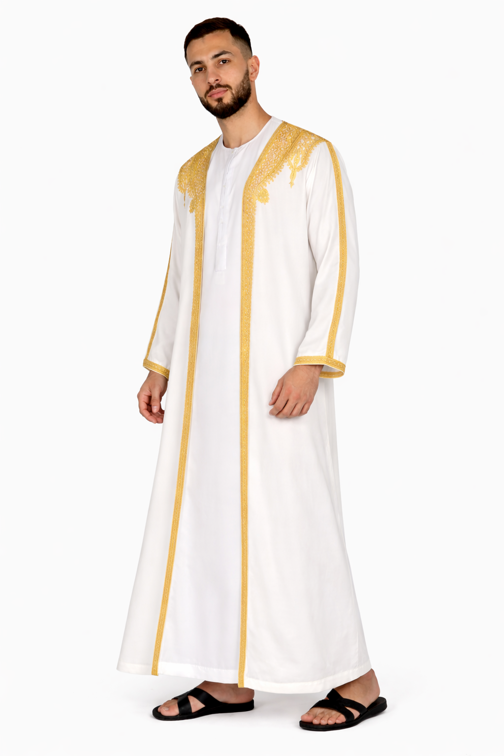 White Alyssum Moroccan Thobe Kaftan with Gold Trim