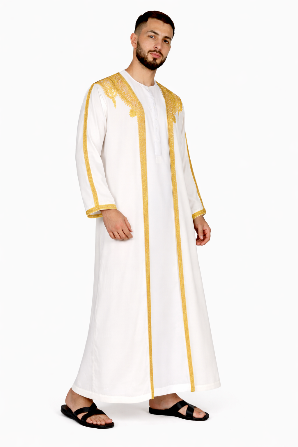 White Alyssum Moroccan Thobe Kaftan with Gold Trim