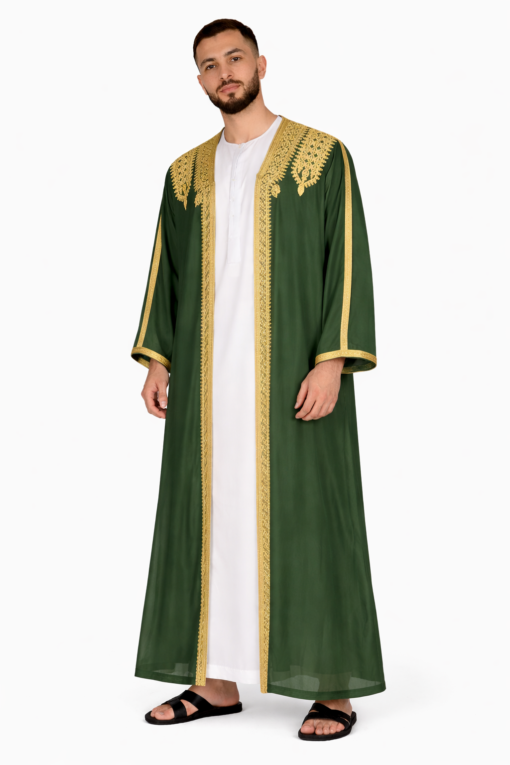 Pineneedle Moroccan Thobe Kaftan with Gold Trim
