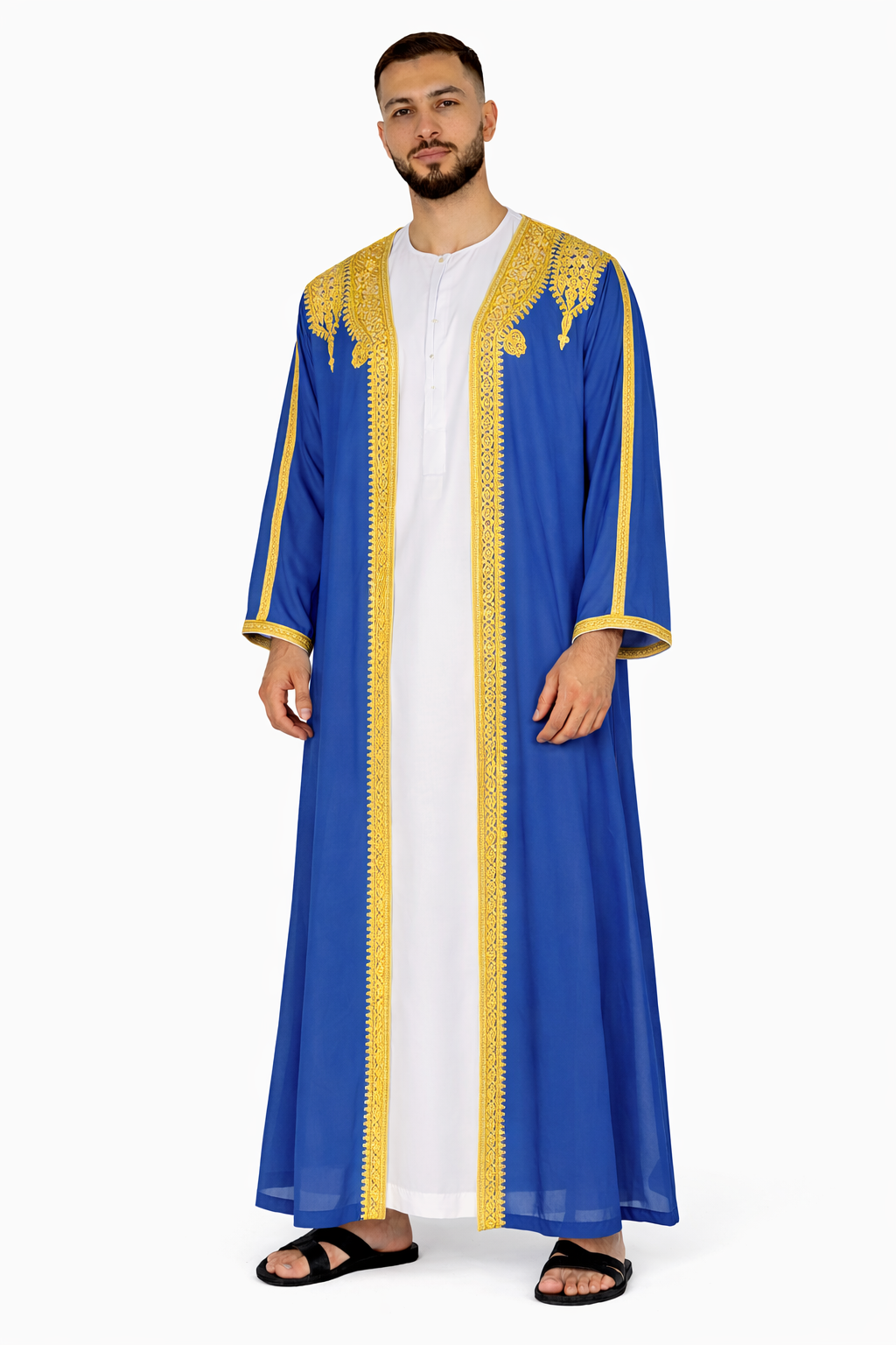 Royal Blue Moroccan Thobe Kaftan with Gold Trim