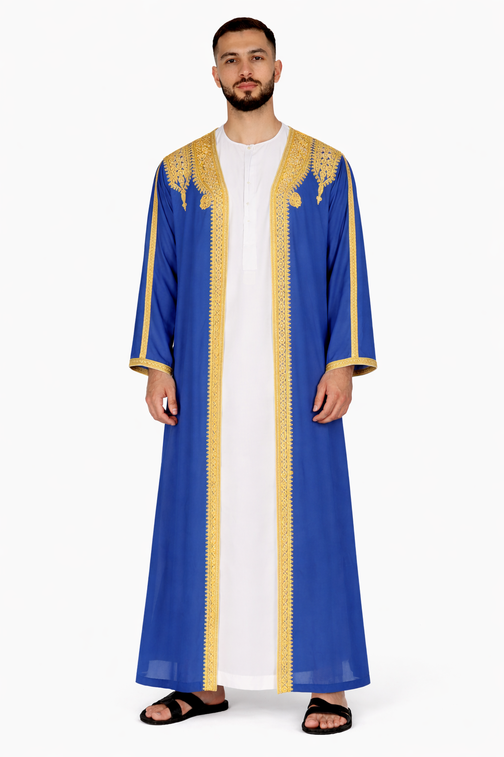 Royal Blue Moroccan Thobe Kaftan with Gold Trim