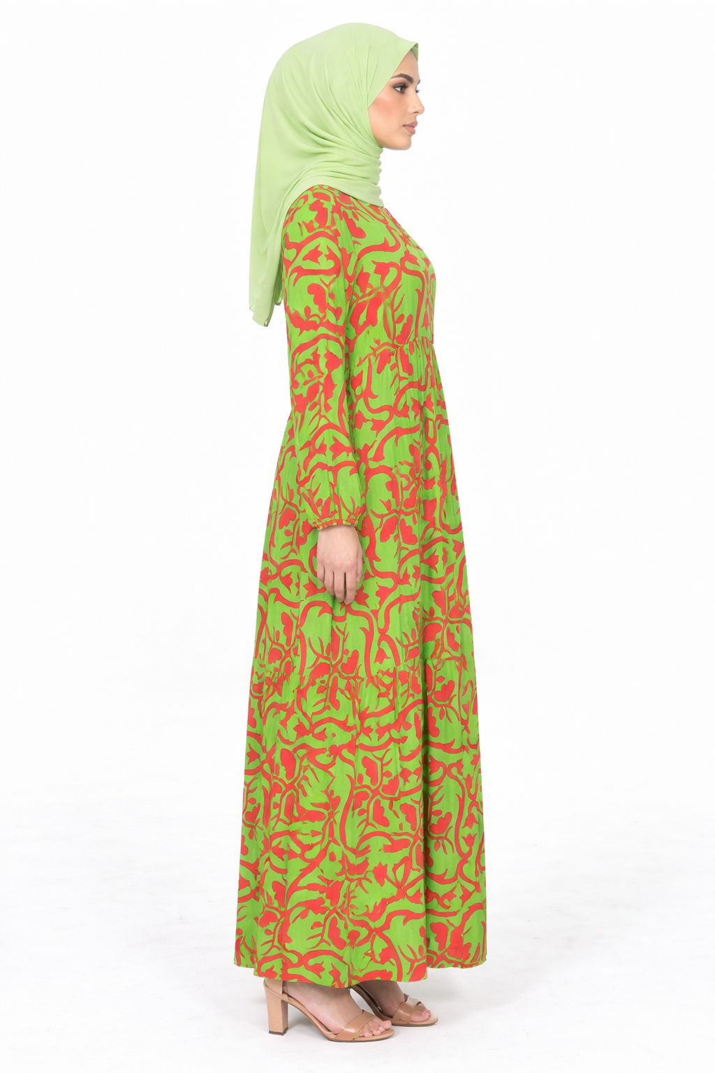 Classic Green Printed Tiered Modest Maxi Dress