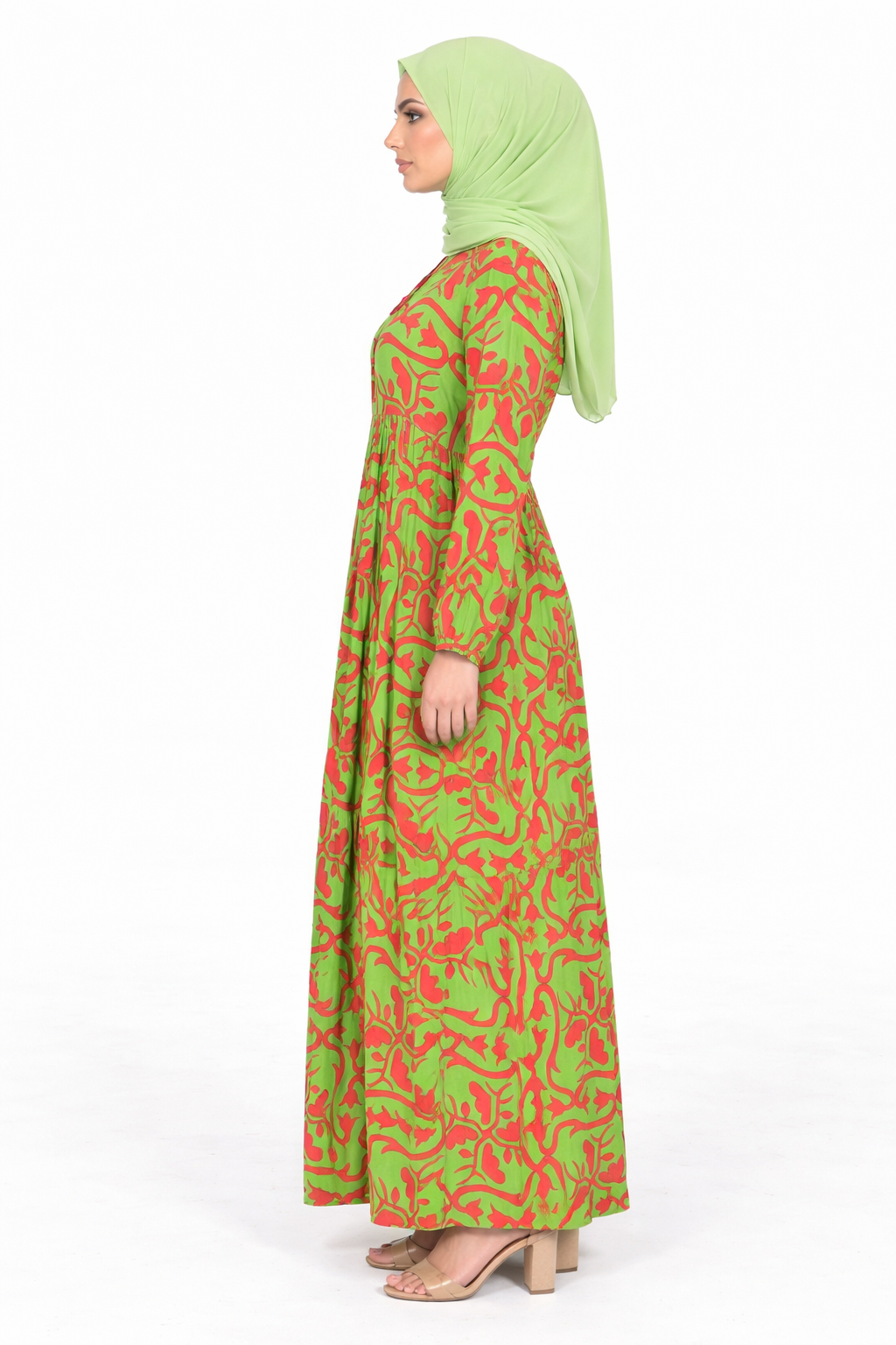 Classic Green Printed Tiered Modest Maxi Dress