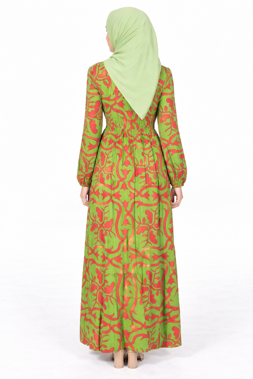 Classic Green Printed Tiered Modest Maxi Dress