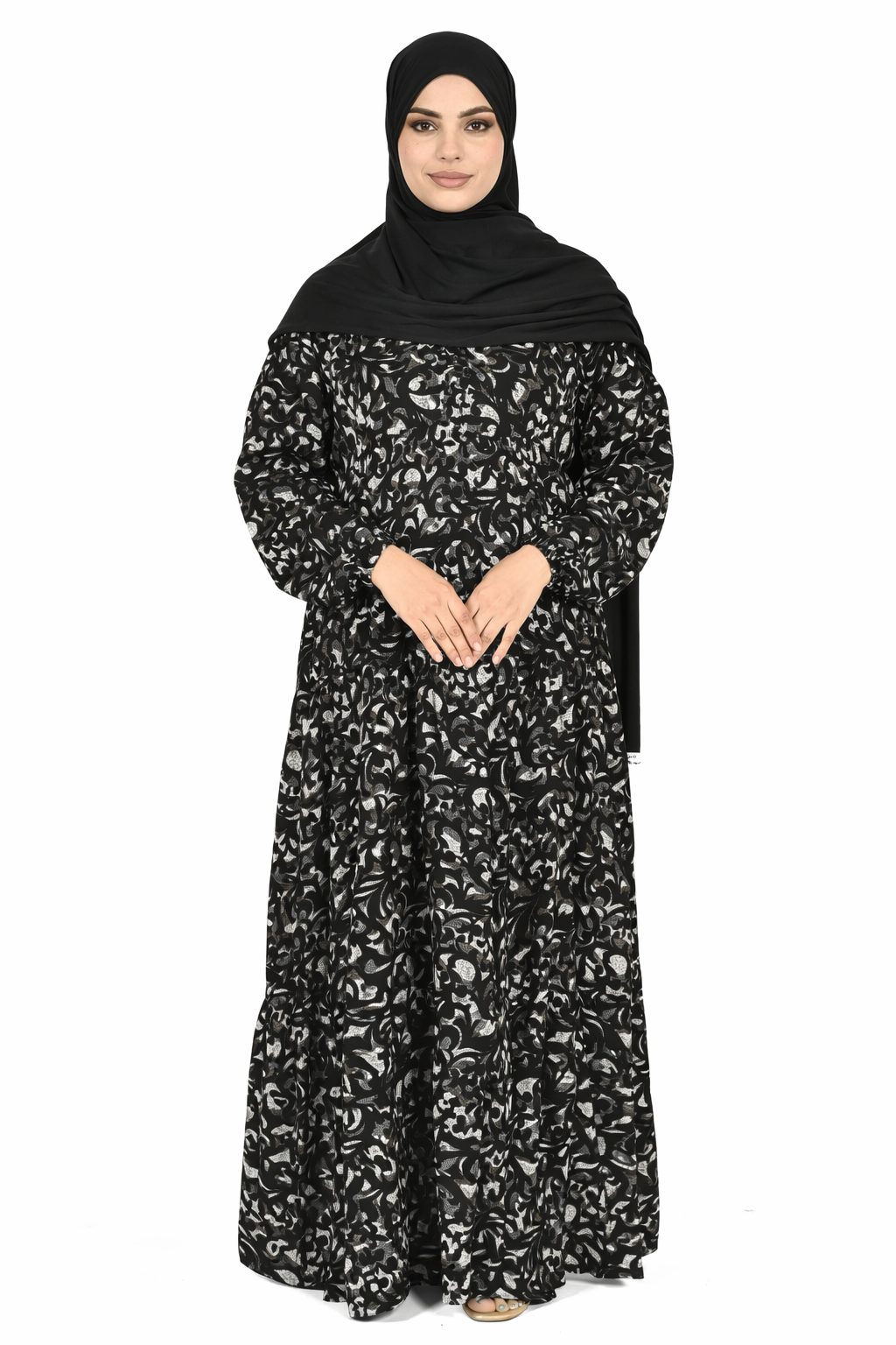 Charcoal Art Abstract Floral Print Long Sleeve Tiered Maxi Dress