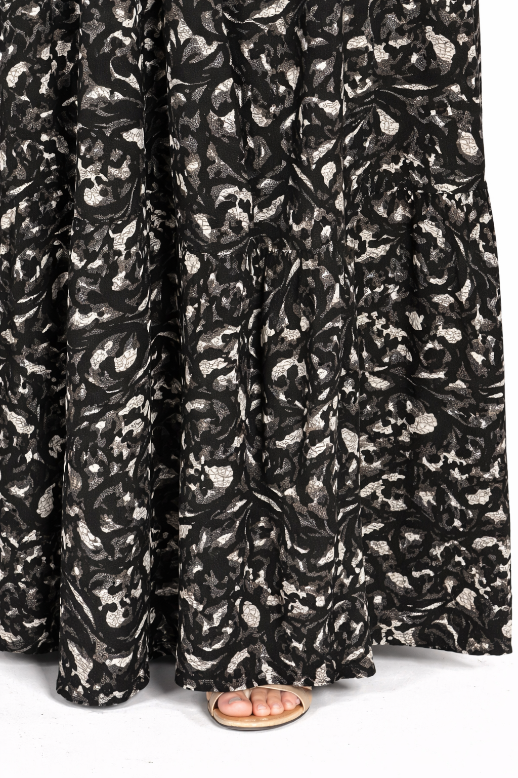 Charcoal Art Abstract Floral Print Long Sleeve Tiered Maxi Dress