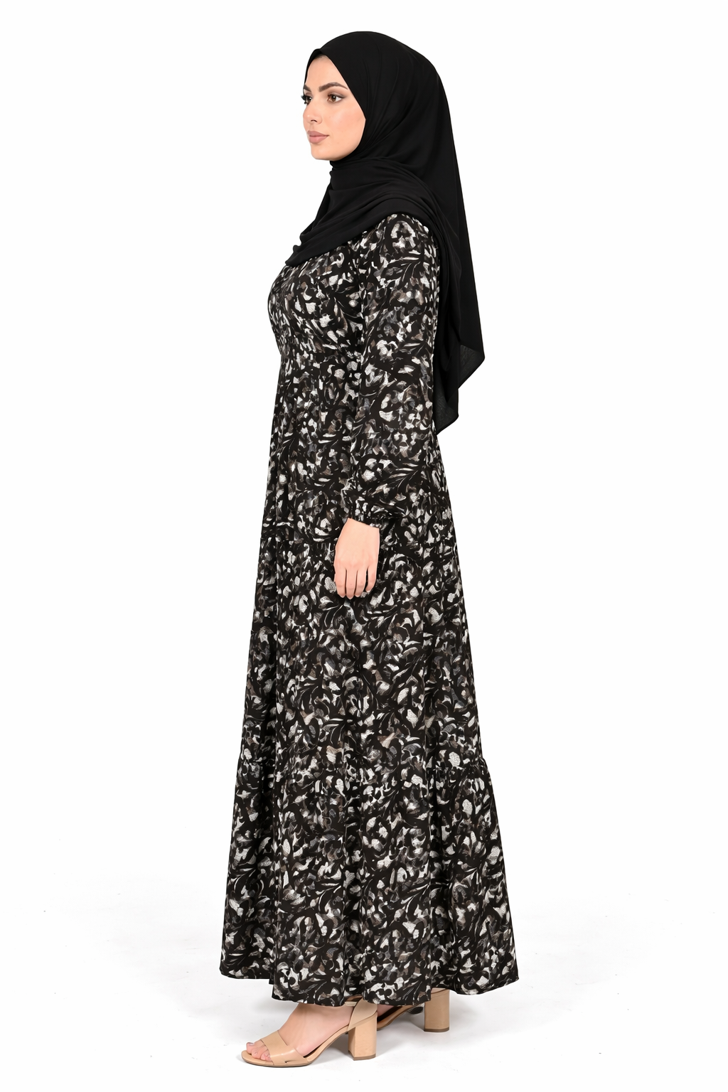 Charcoal Art Abstract Floral Print Long Sleeve Tiered Maxi Dress