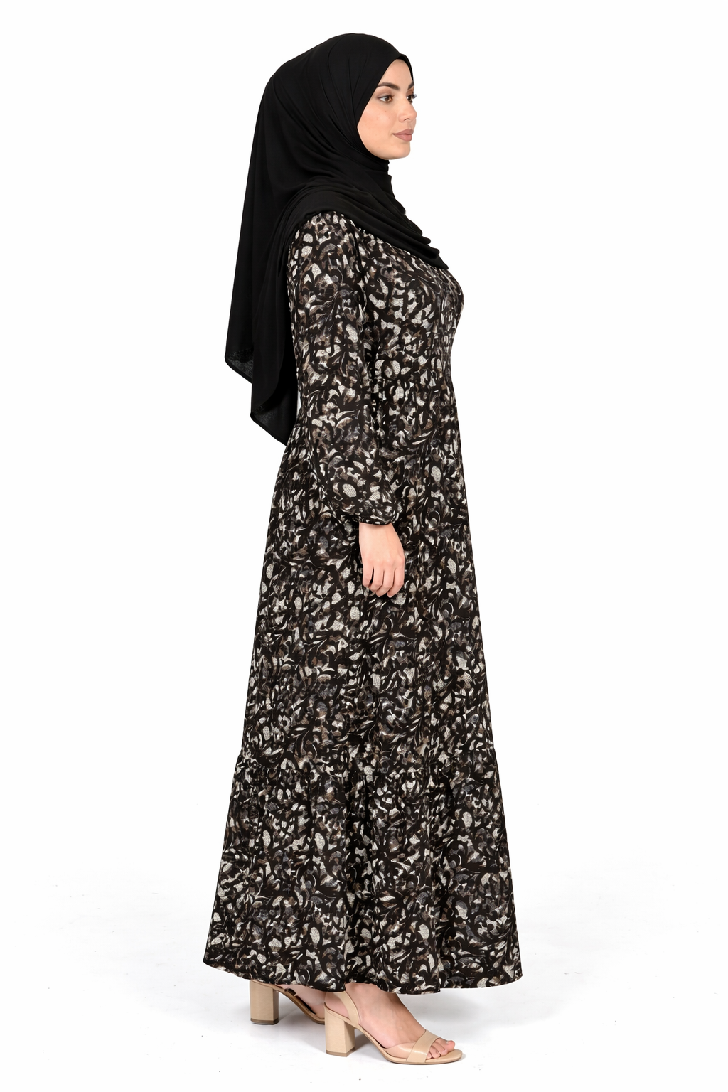 Charcoal Art Abstract Floral Print Long Sleeve Tiered Maxi Dress