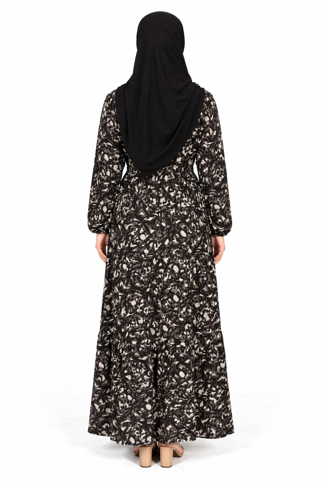 Charcoal Art Abstract Floral Print Long Sleeve Tiered Maxi Dress