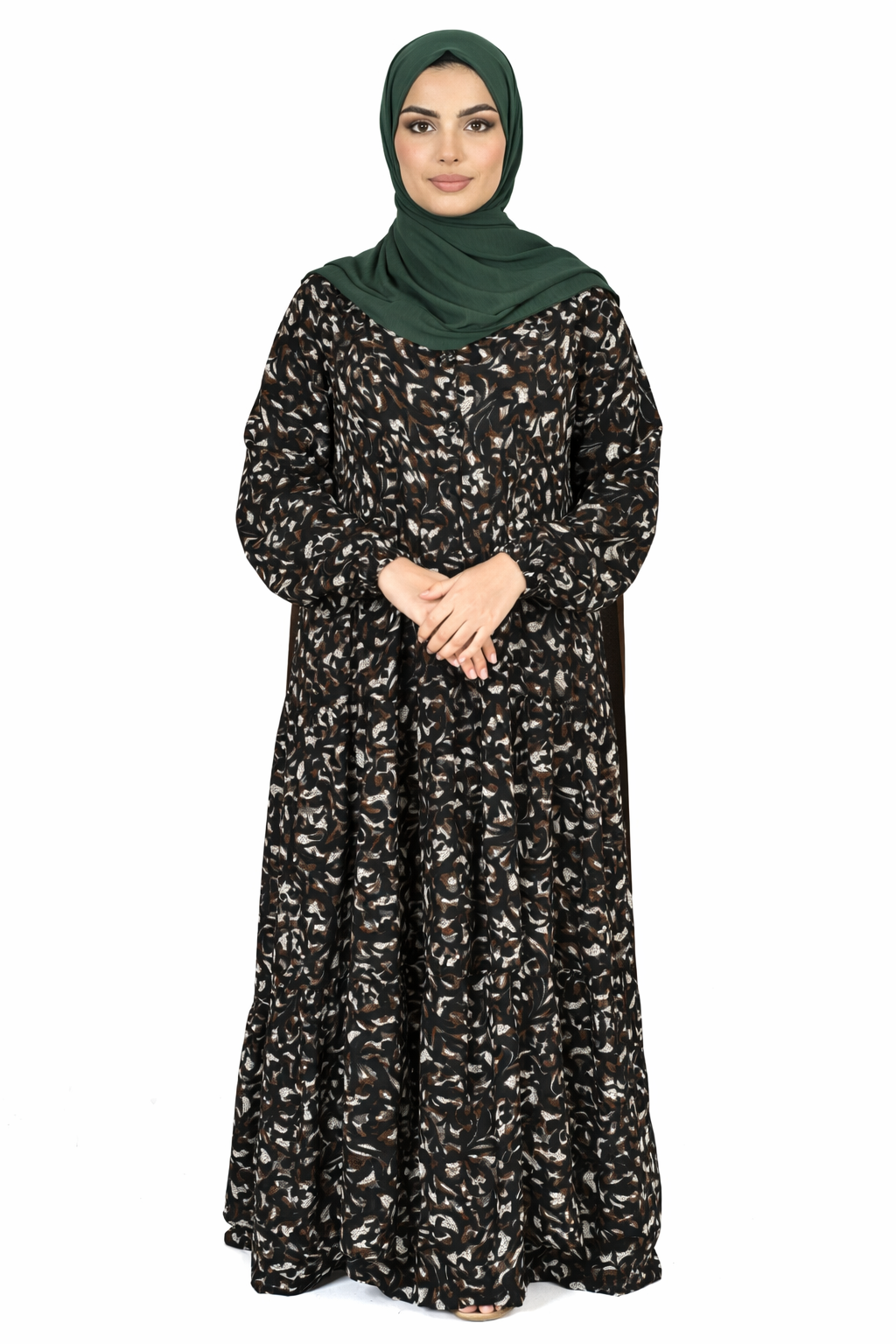 Slate Black Abstract Floral Print Long Sleeve Tiered Maxi Dress