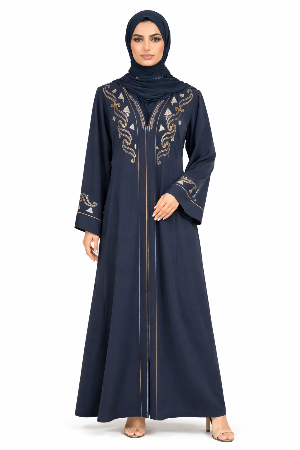 Sky Captain Embroidered Front Zip Long Sleeve Maxi Abaya