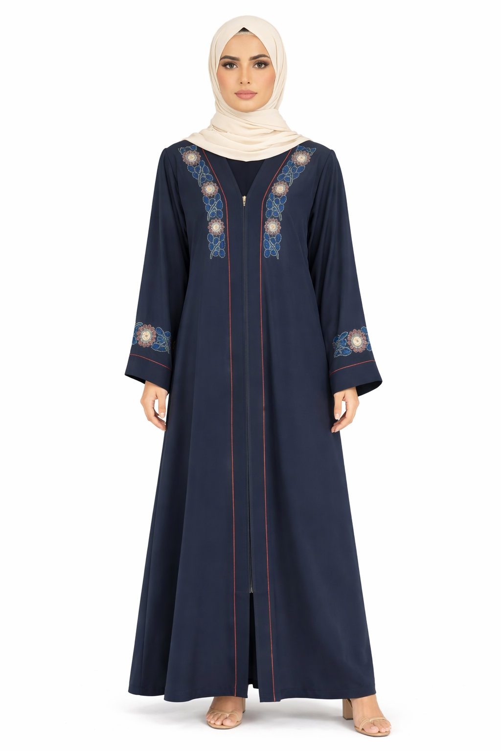 Sky Captain Front-Zip Abaya with Intricate Vertical Vine Beading