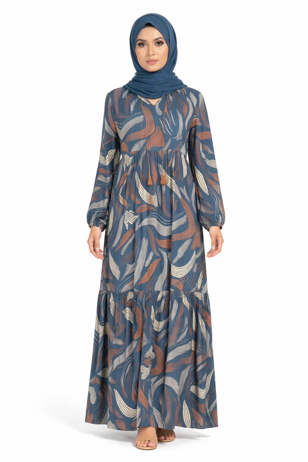 Moroccan Blue Abstract Wave Print Maxi Dress