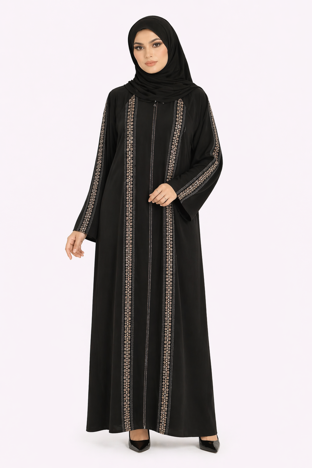 Harvest Gold Embroidered Front-Zip Abaya with Sleeve Detailing