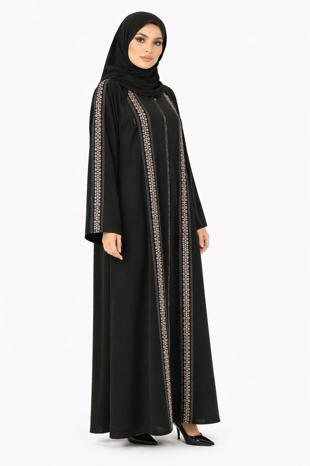 Harvest Gold Embroidered Front-Zip Abaya with Sleeve Detailing