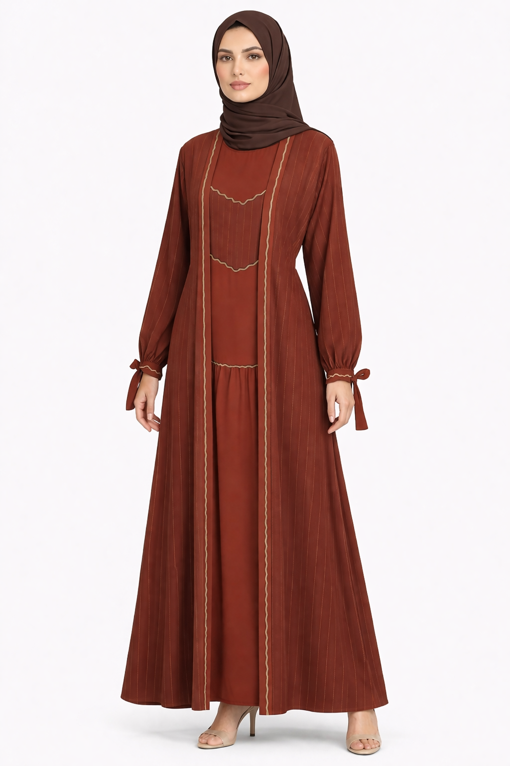 Cambridge Brown Pinstripe Belted Open Front Maxi Abaya