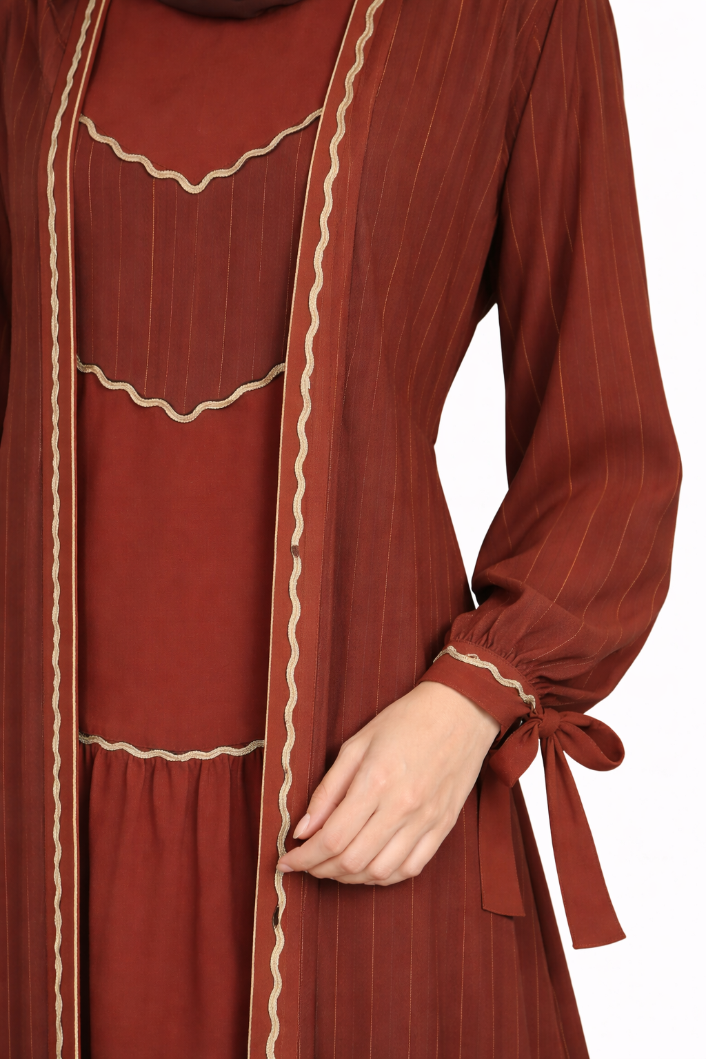 Cambridge Brown Pinstripe Belted Open Front Maxi Abaya