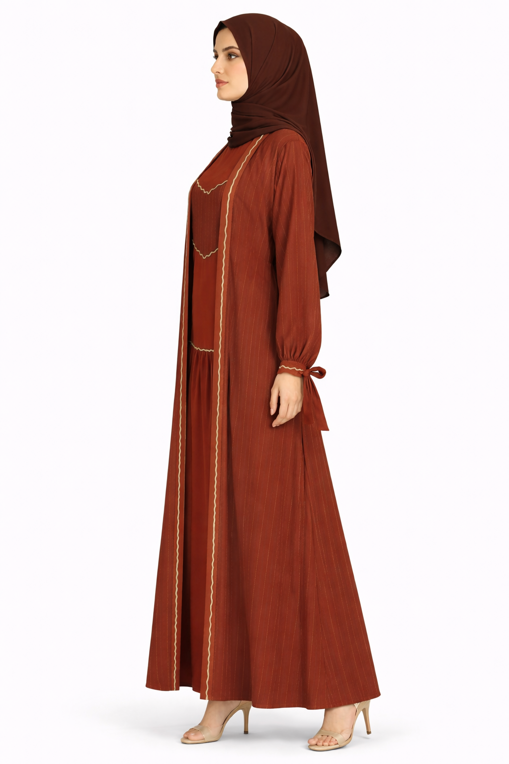Cambridge Brown Pinstripe Belted Open Front Maxi Abaya