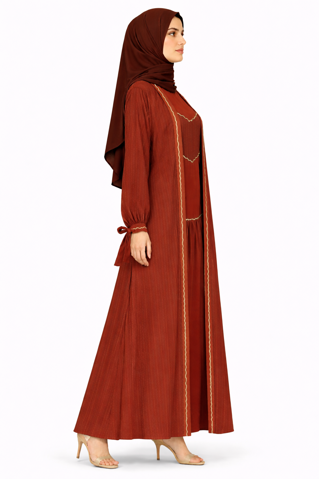 Cambridge Brown Pinstripe Belted Open Front Maxi Abaya