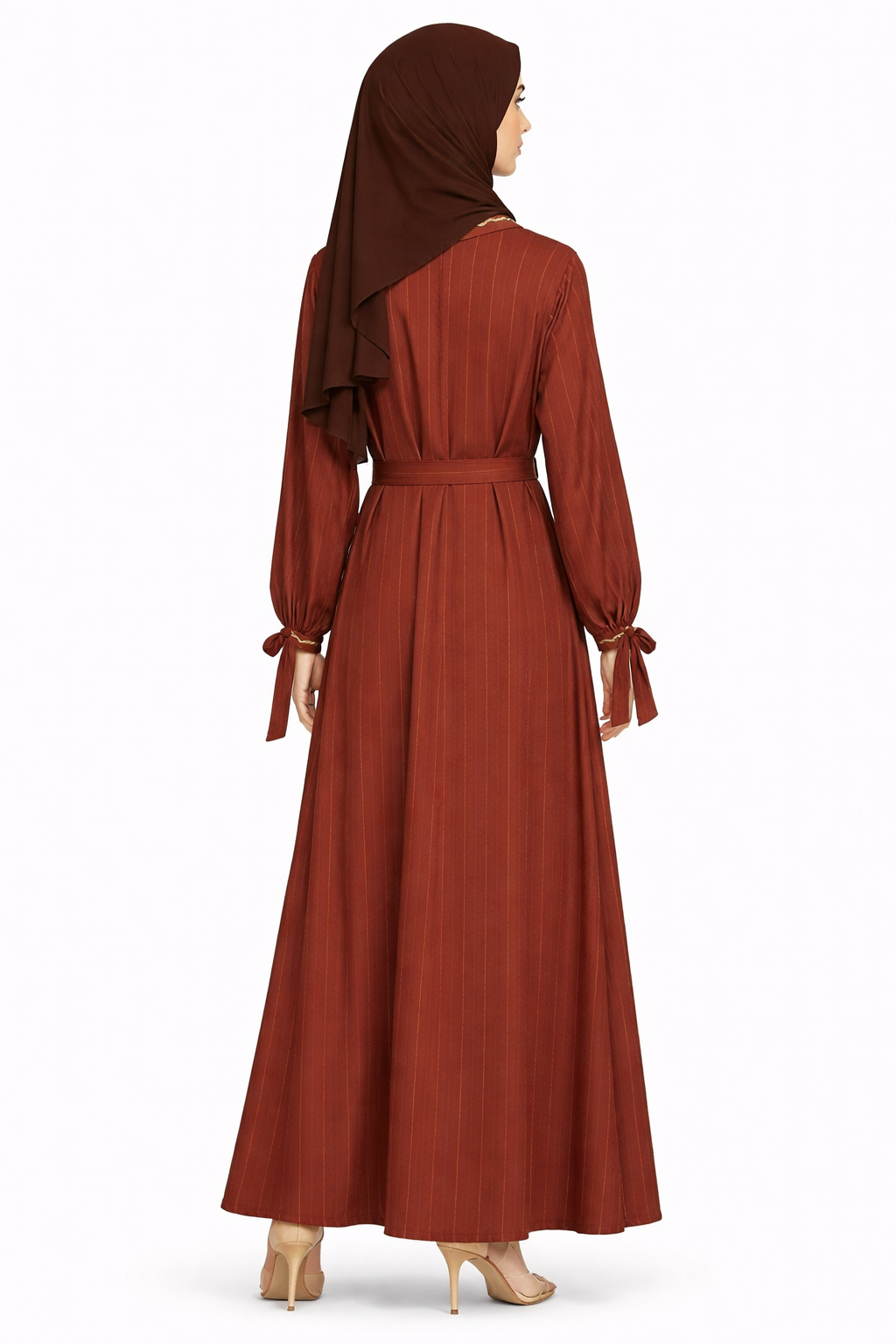 Cambridge Brown Pinstripe Belted Open Front Maxi Abaya