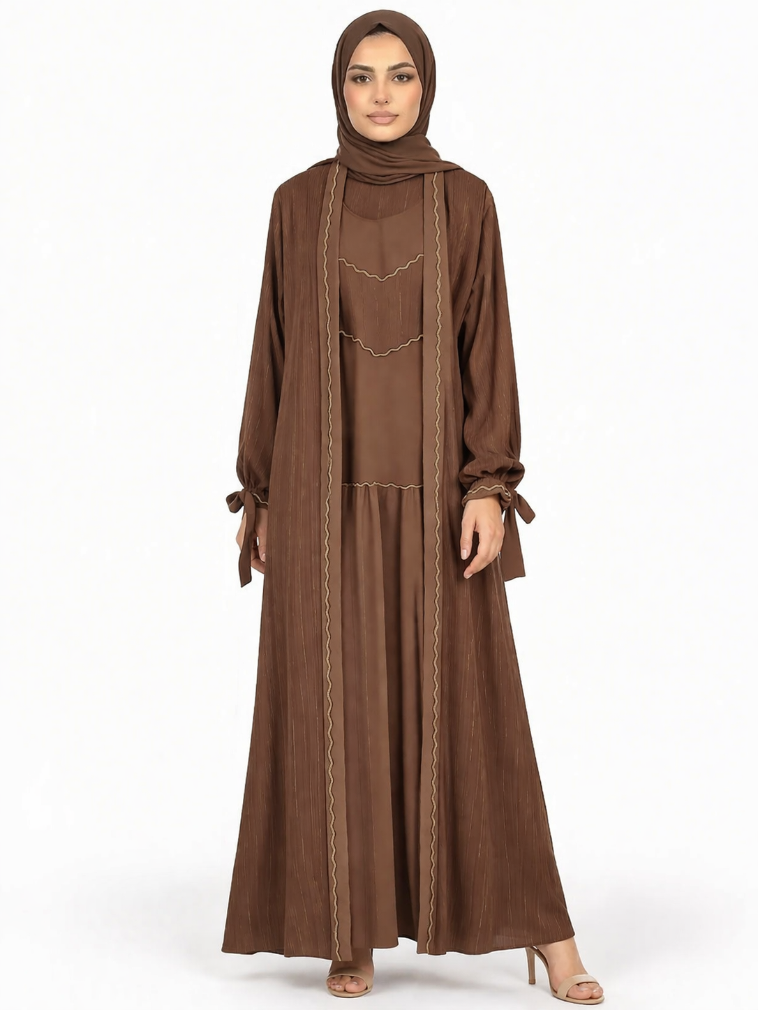 Morel Pinstripe Belted Open Front Maxi Abaya