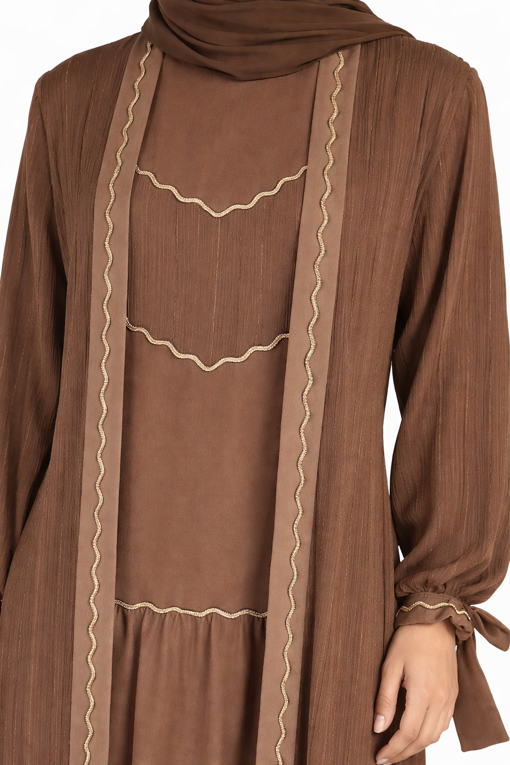 Morel Pinstripe Belted Open Front Maxi Abaya