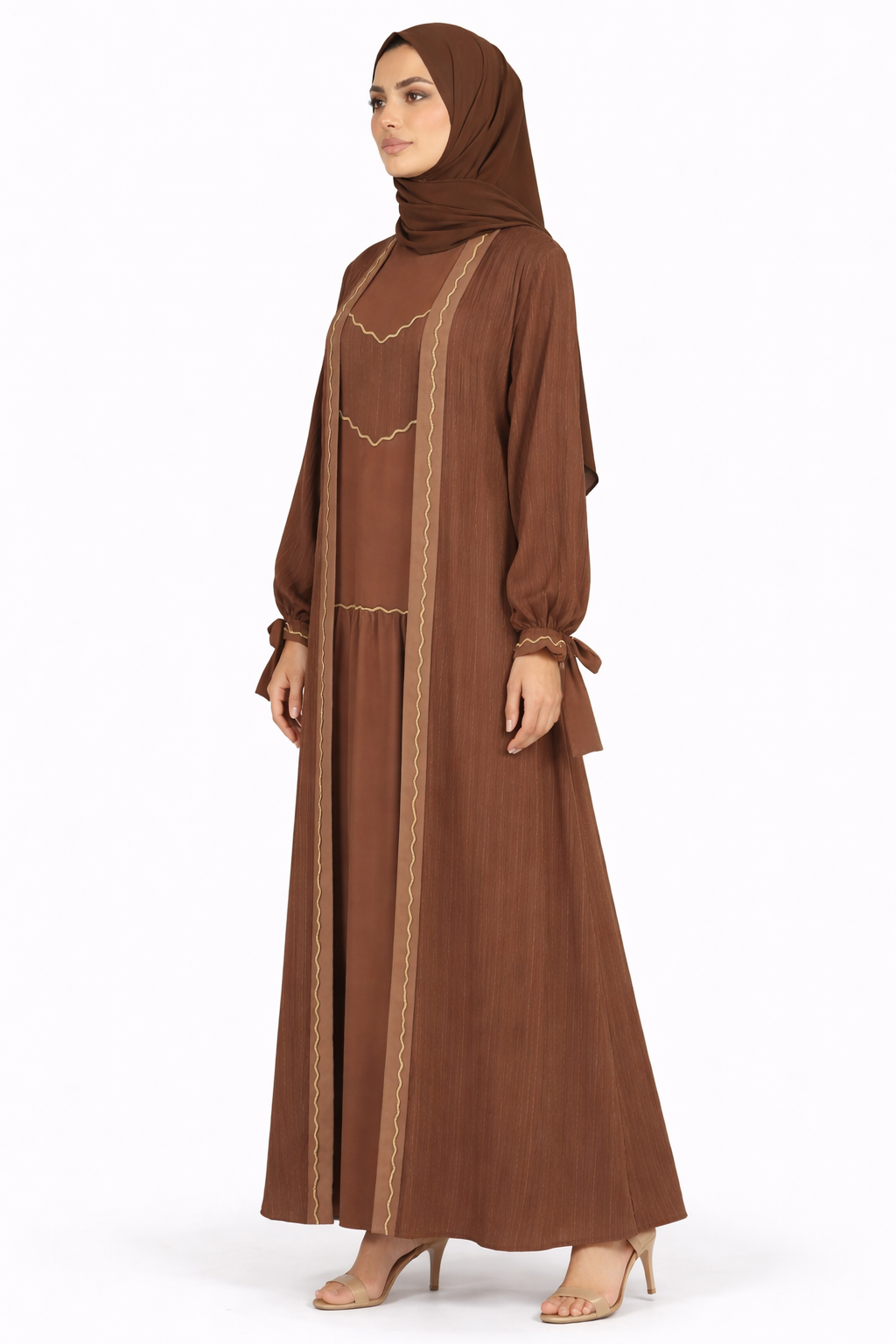 Morel Pinstripe Belted Open Front Maxi Abaya