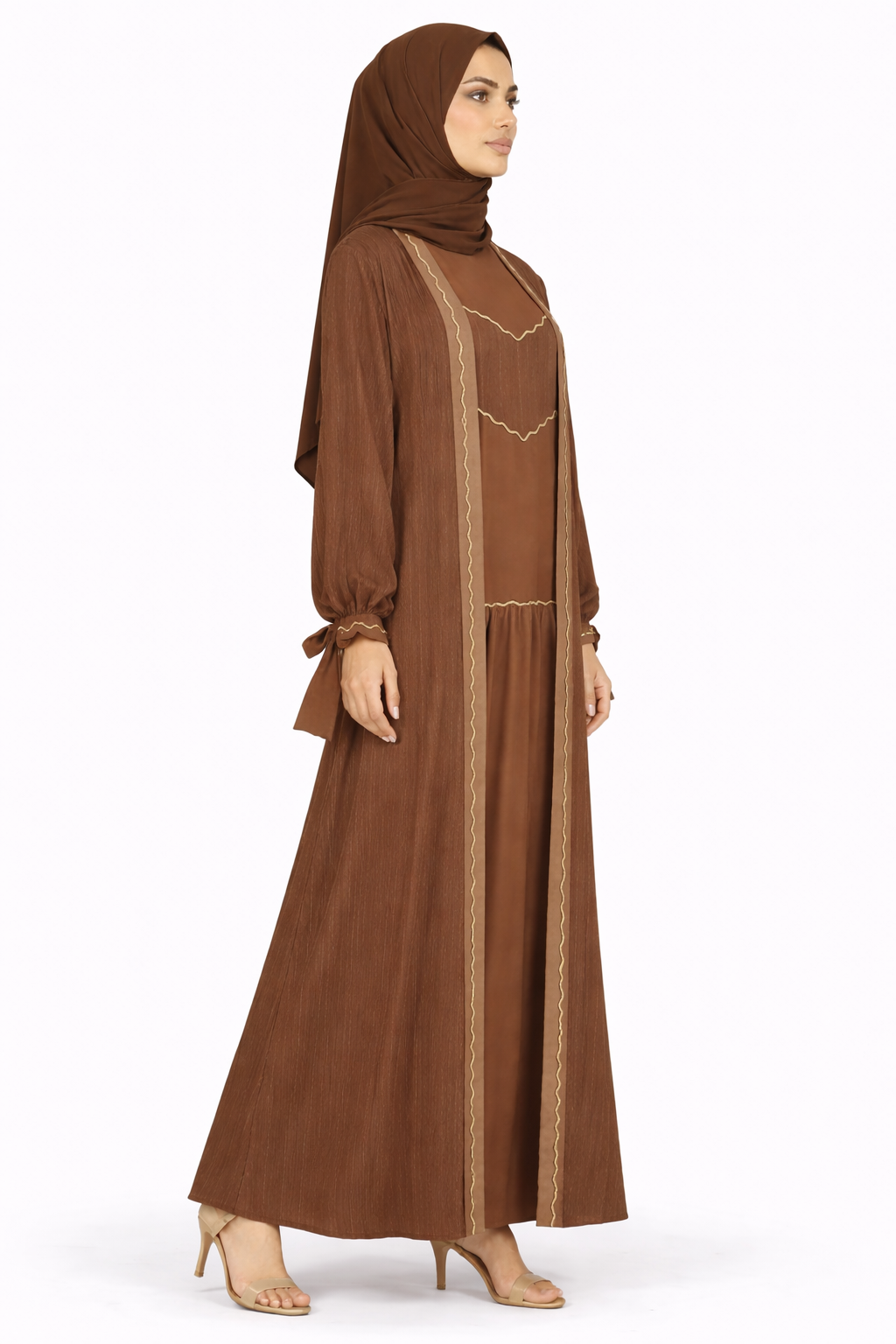 Morel Pinstripe Belted Open Front Maxi Abaya