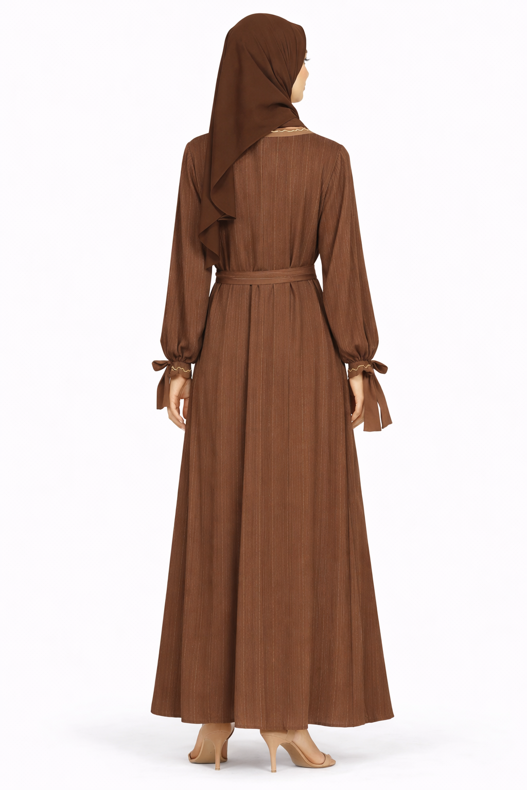 Morel Pinstripe Belted Open Front Maxi Abaya