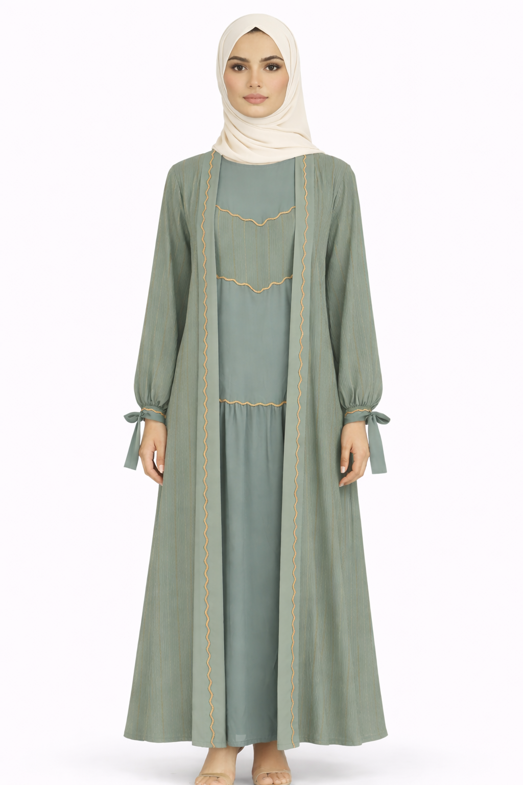 Ponderosa Pine Pinstripe Belted Open Front Maxi Abaya