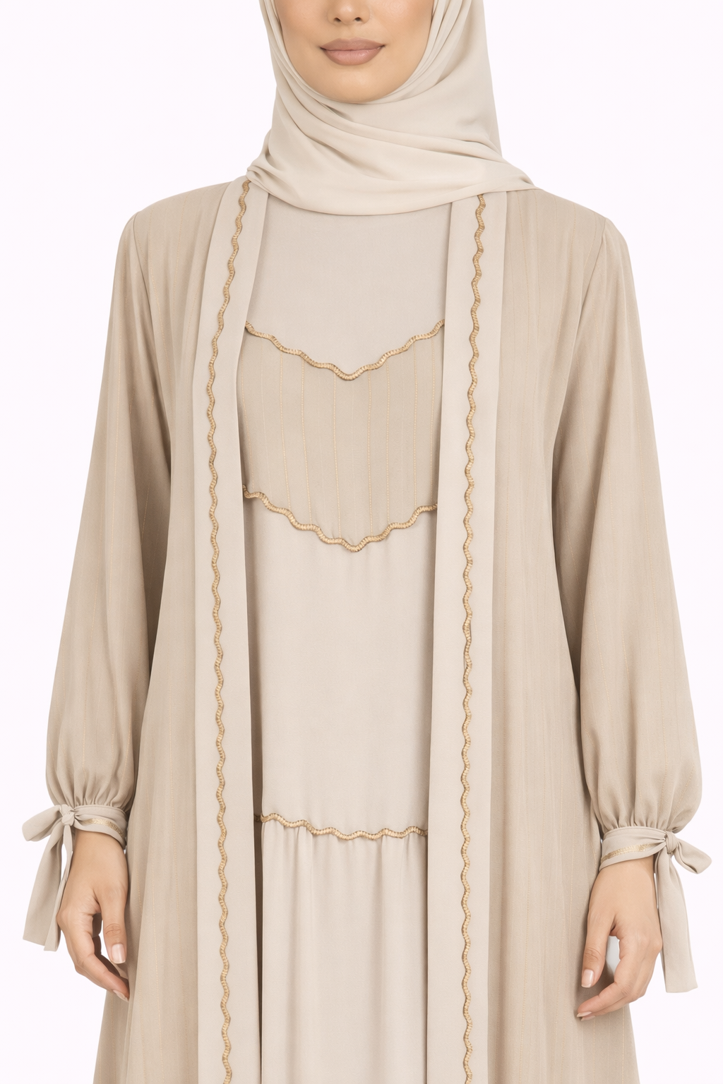 Tidal Foam Pinstripe Belted Open Front Maxi Abaya