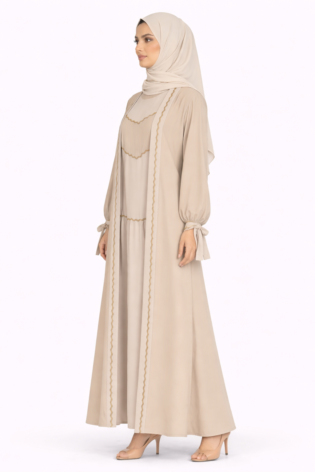 Tidal Foam Pinstripe Belted Open Front Maxi Abaya