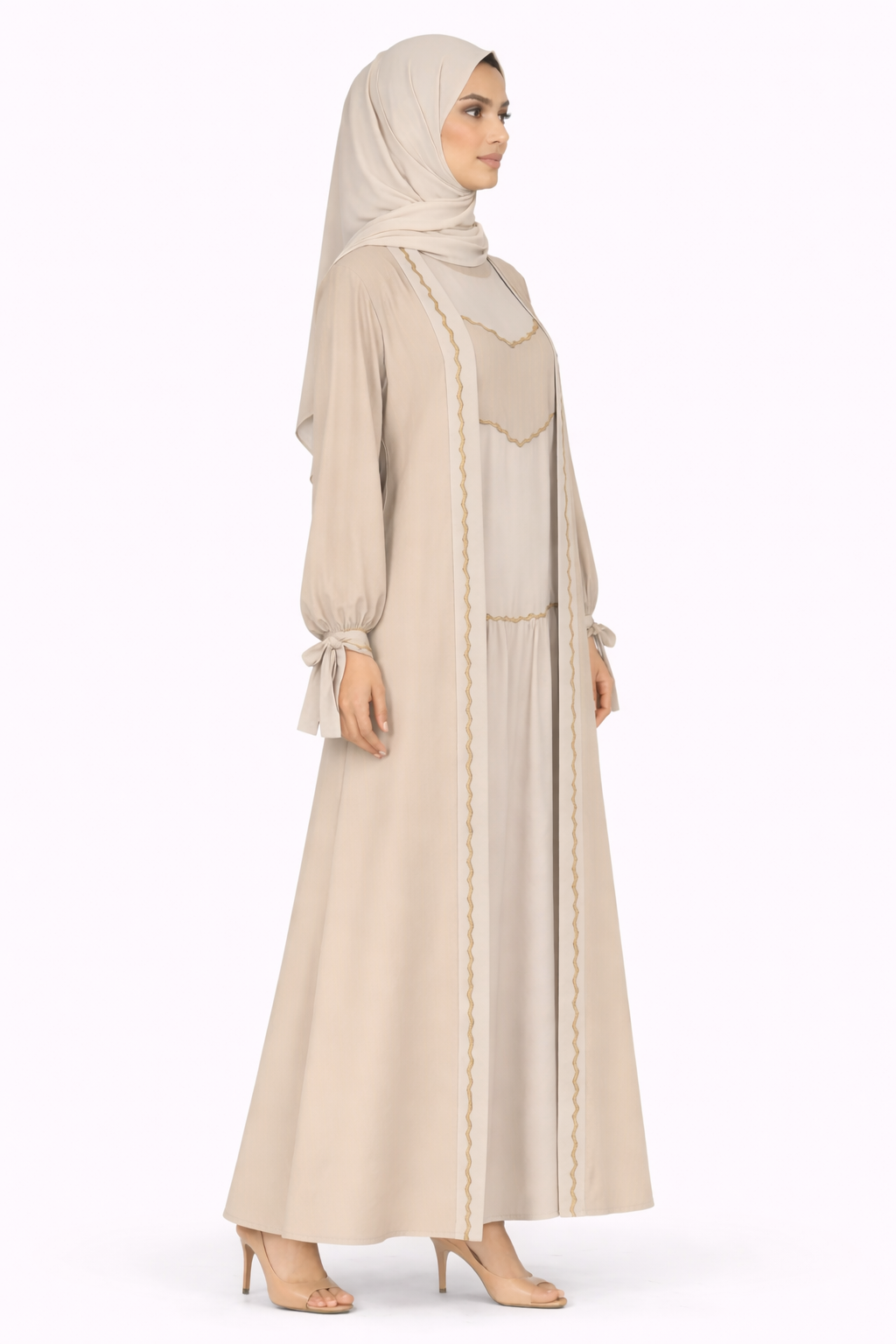 Tidal Foam Pinstripe Belted Open Front Maxi Abaya