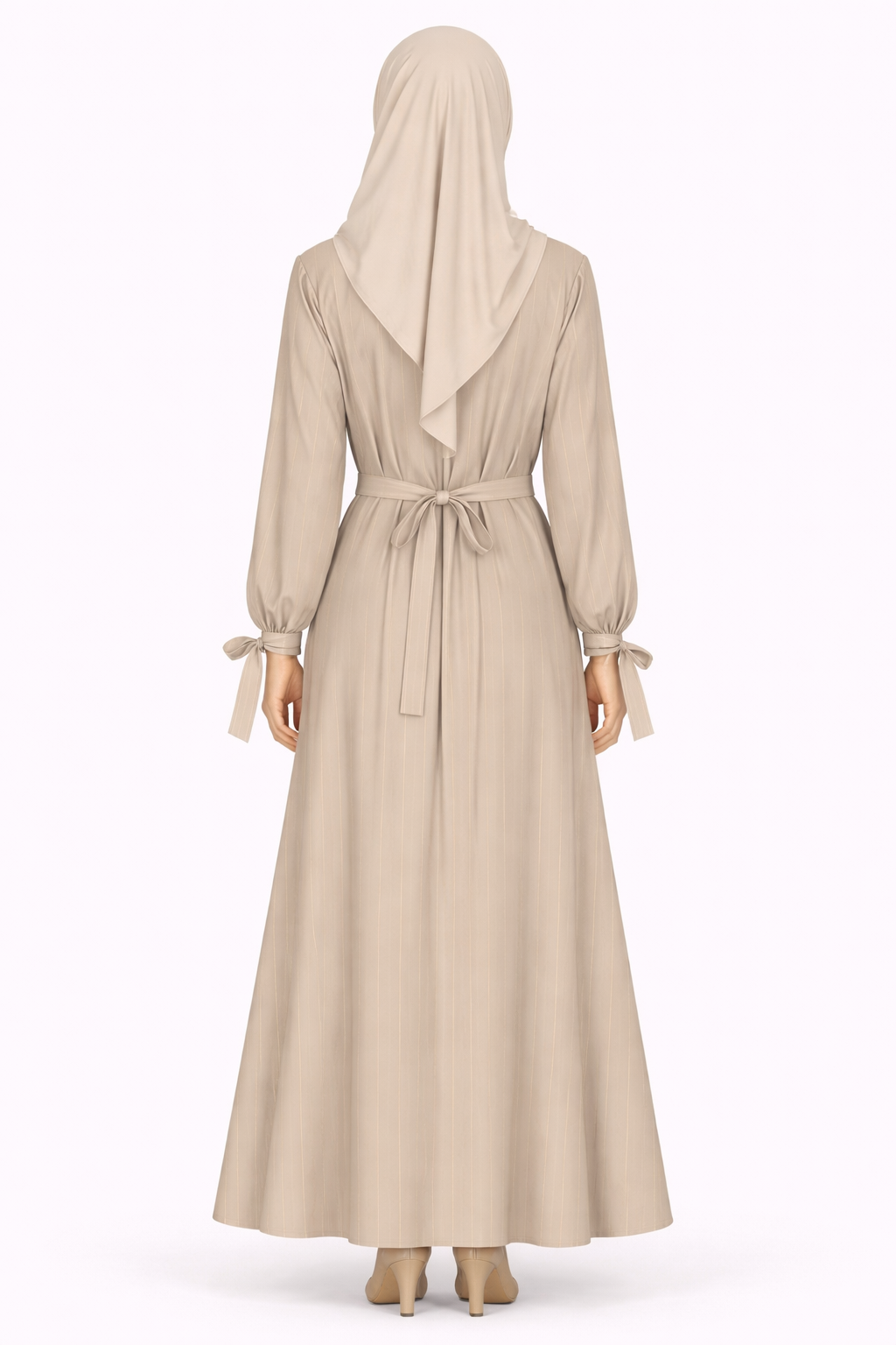Tidal Foam Pinstripe Belted Open Front Maxi Abaya