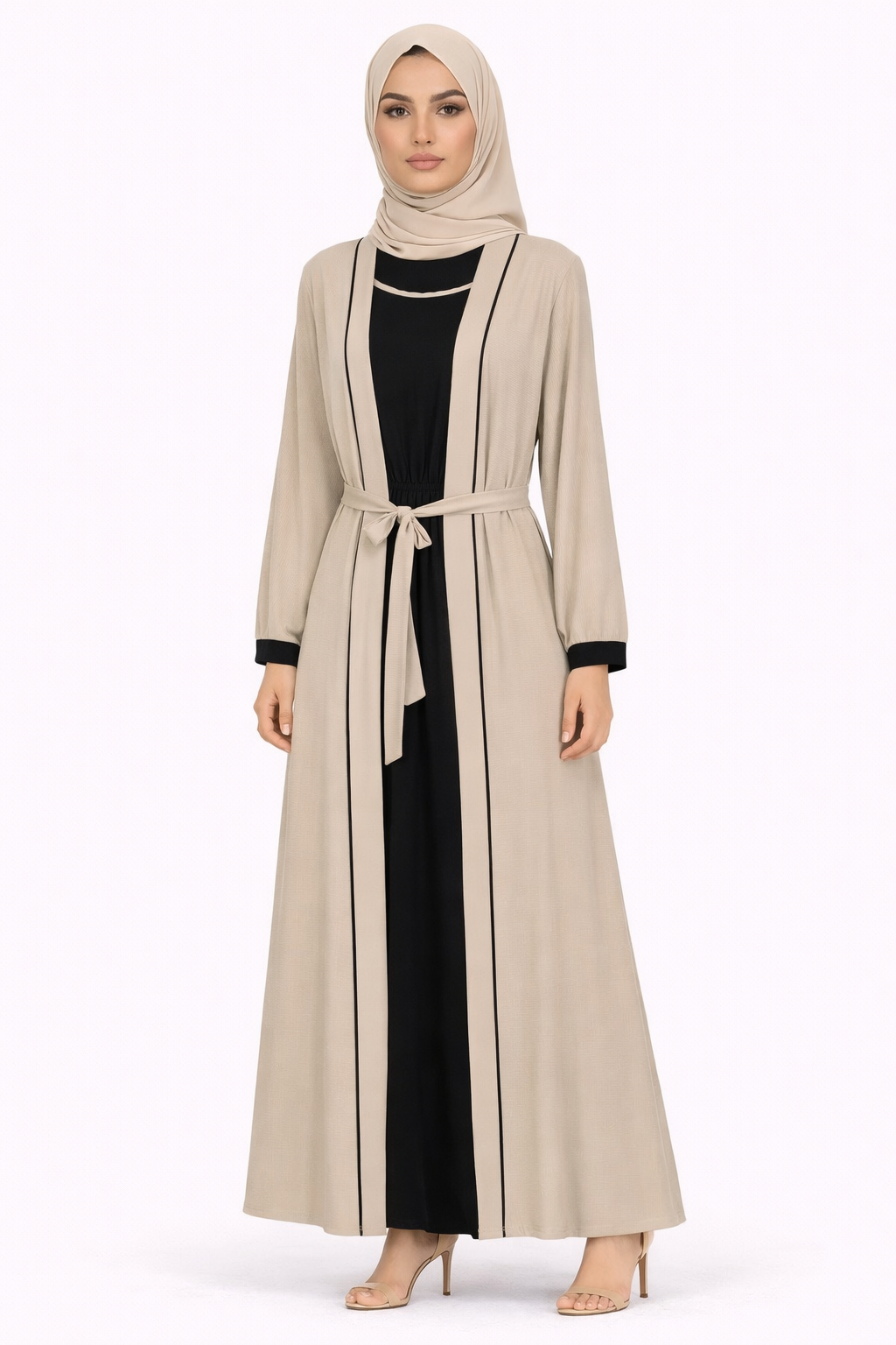 Elephant Skin Contrast Trim Belted Two-Piece Open Front Maxi Abaya