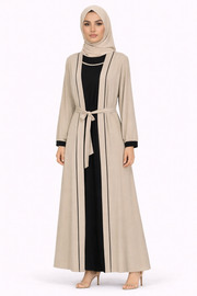 Elephant Skin Contrast Trim Belted Two-Piece Open Front Maxi Abaya