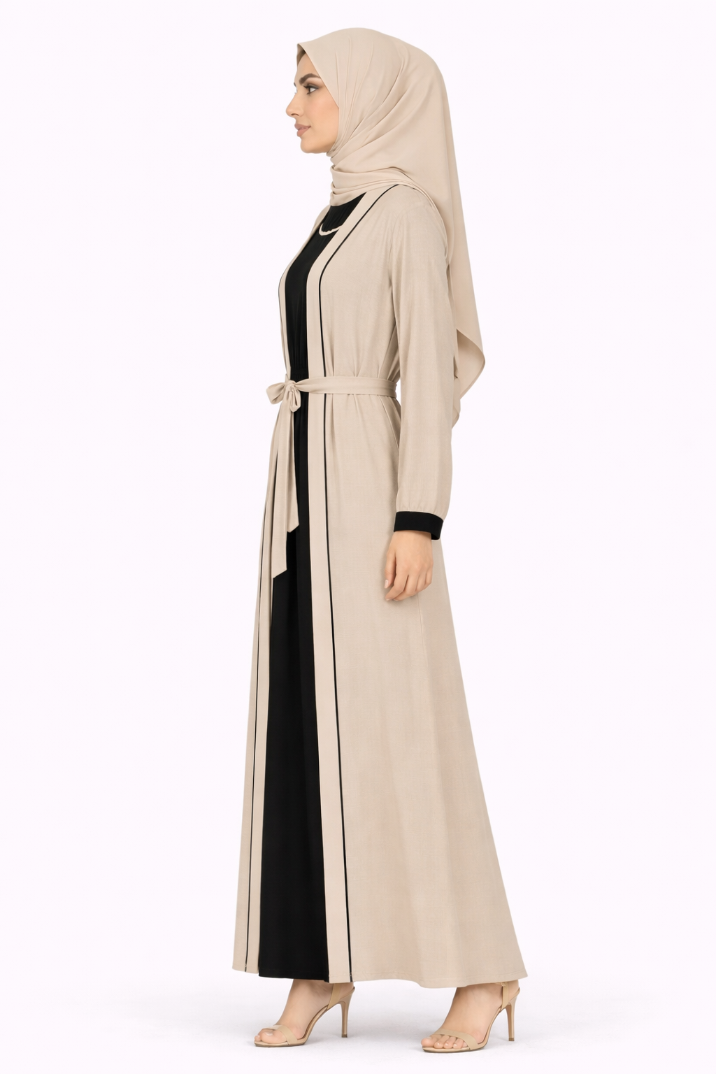Elephant Skin Contrast Trim Belted Two-Piece Open Front Maxi Abaya