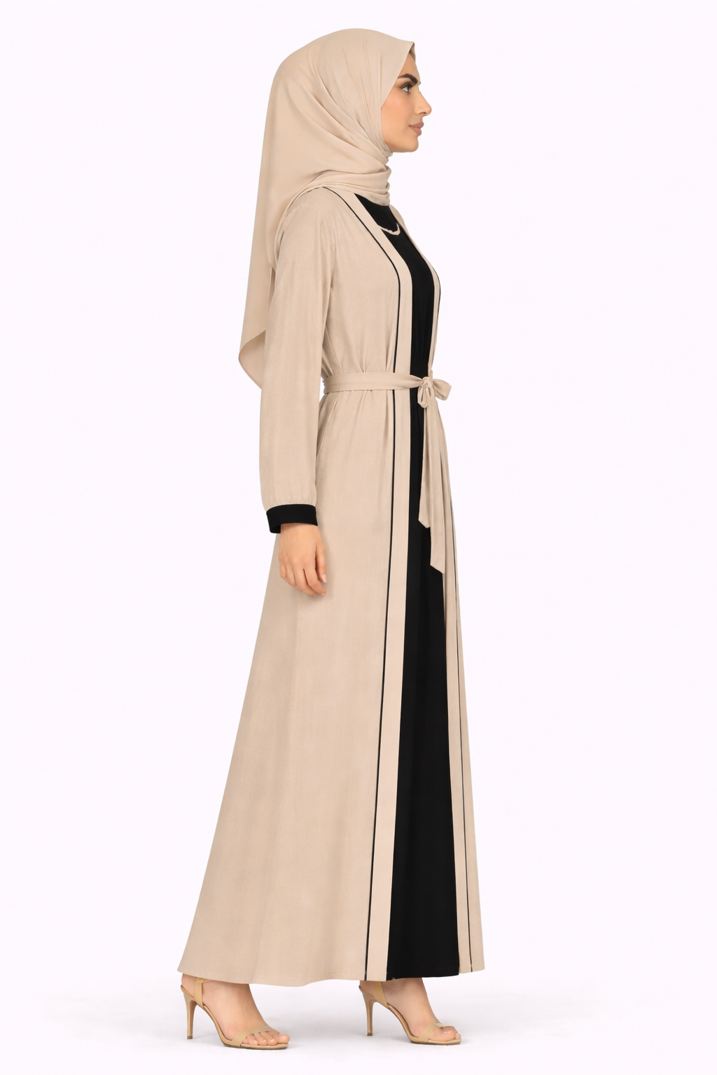 Elephant Skin Contrast Trim Belted Two-Piece Open Front Maxi Abaya