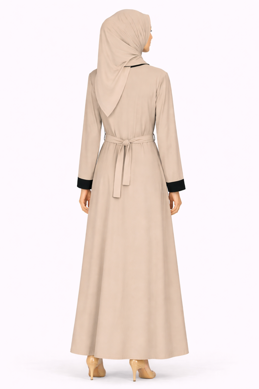 Elephant Skin Contrast Trim Belted Two-Piece Open Front Maxi Abaya