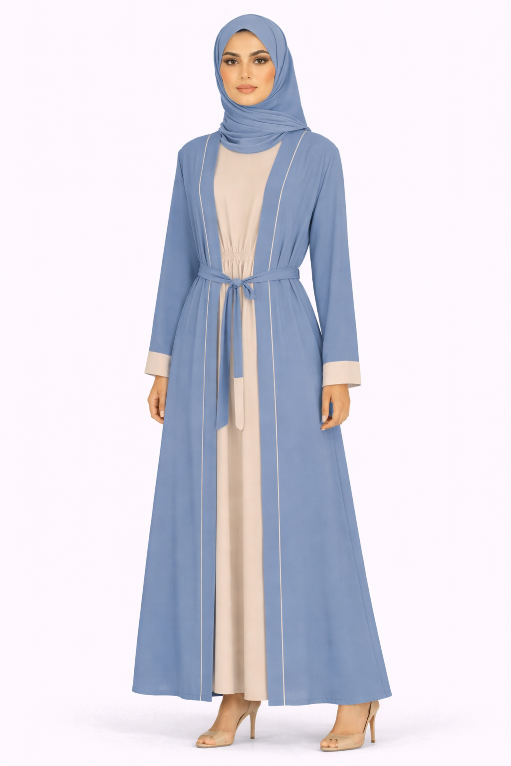 Blue Horizon Contrast Trim Belted Two-Piece Open Front Maxi Abaya