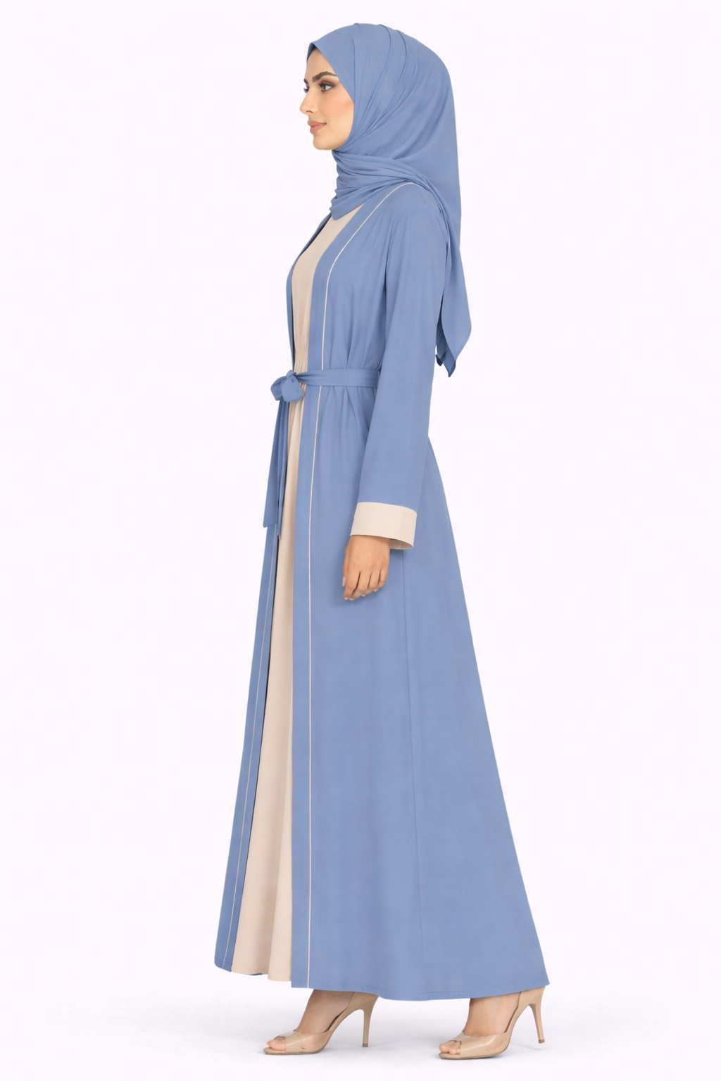 Blue Horizon Contrast Trim Belted Two-Piece Open Front Maxi Abaya