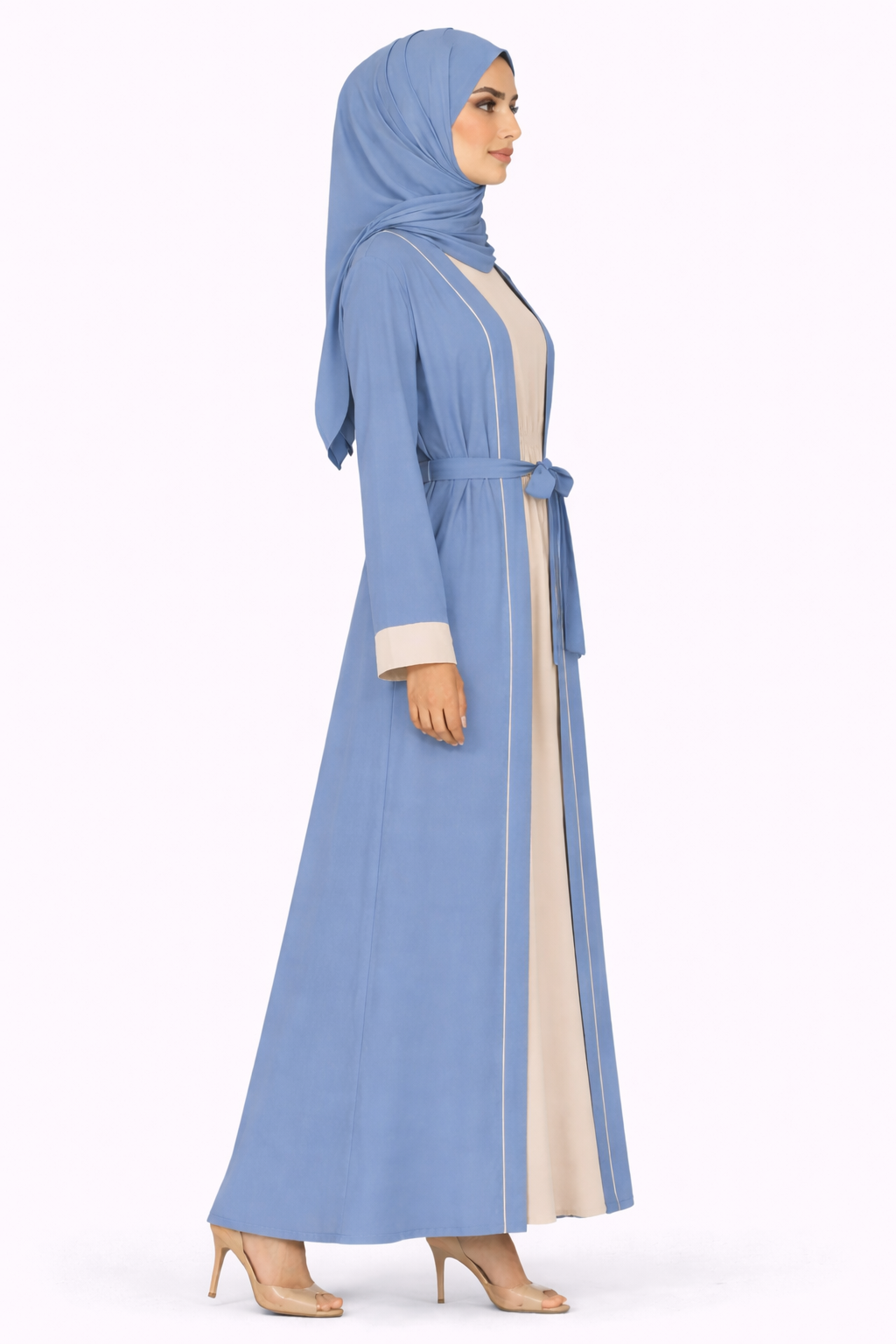 Blue Horizon Contrast Trim Belted Two-Piece Open Front Maxi Abaya