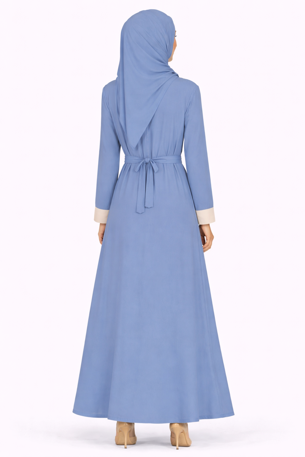 Blue Horizon Contrast Trim Belted Two-Piece Open Front Maxi Abaya