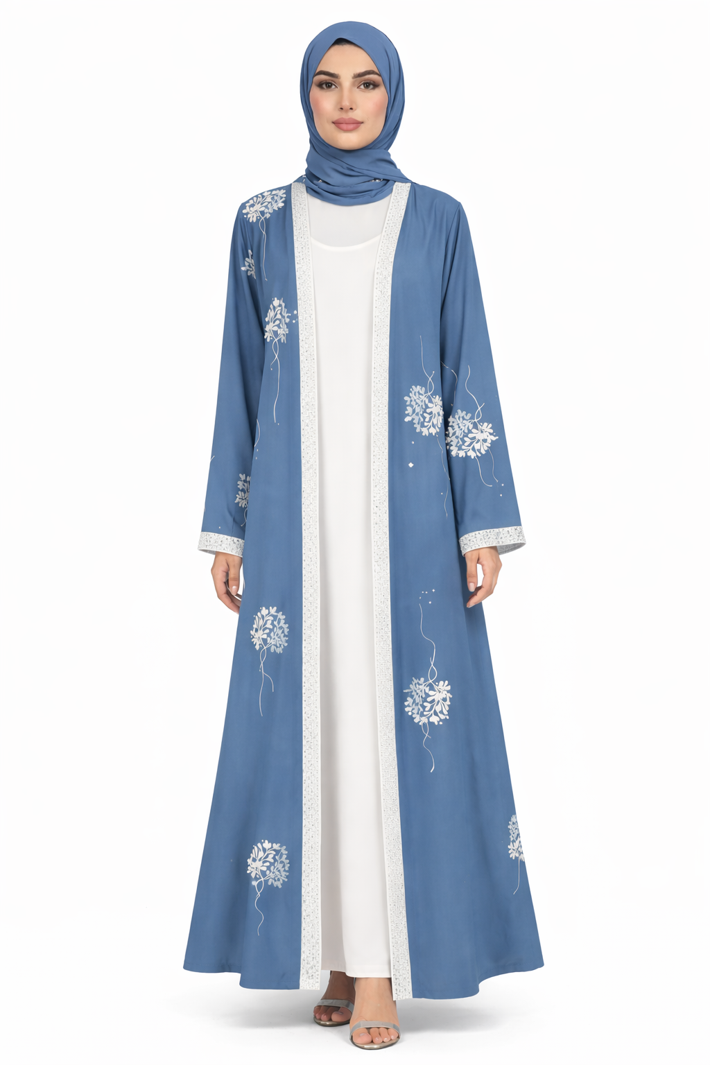 Persian Blue Floral Detail Open Front Maxi Abaya