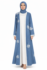 Persian Blue Floral Detail Open Front Maxi Abaya