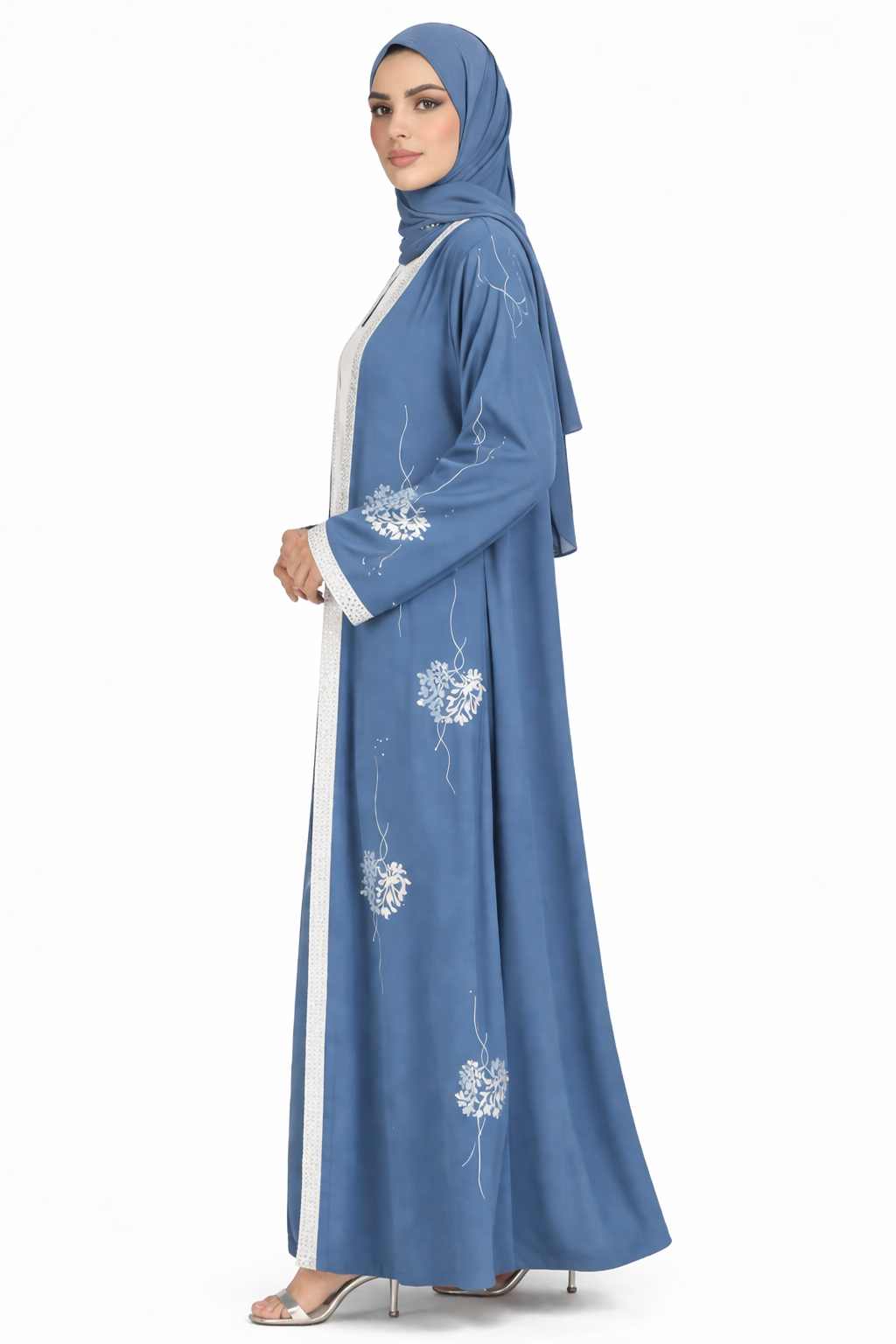 Persian Blue Floral Detail Open Front Maxi Abaya