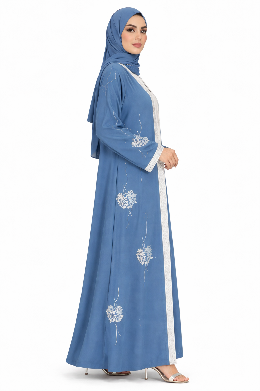 Persian Blue Floral Detail Open Front Maxi Abaya