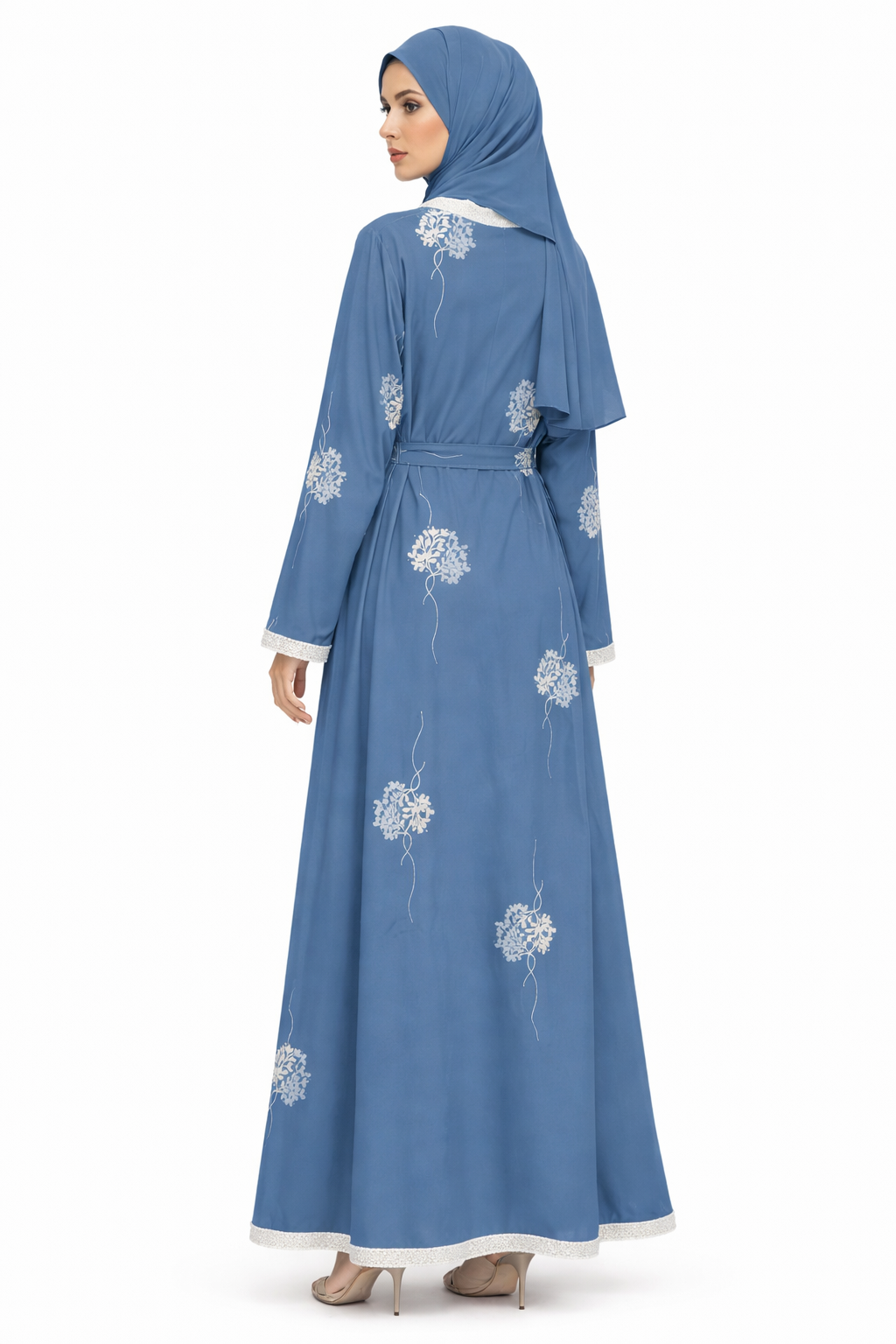 Persian Blue Floral Detail Open Front Maxi Abaya
