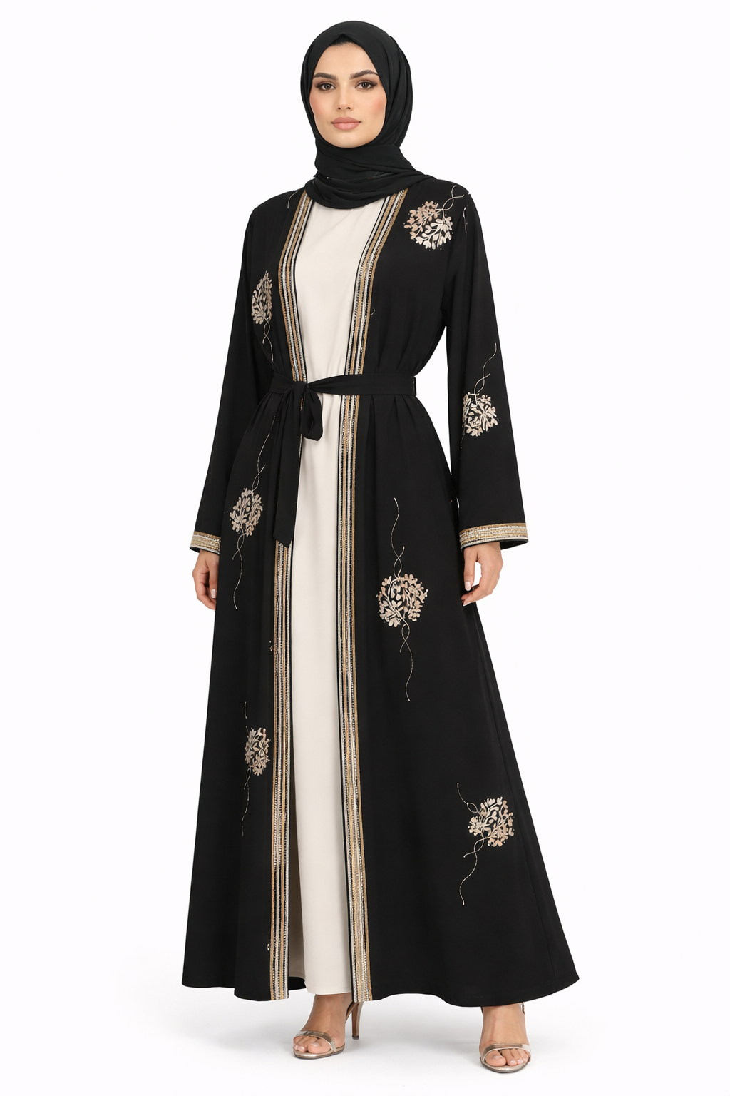 Tap Shoe Floral Detail Open Front Maxi Abaya